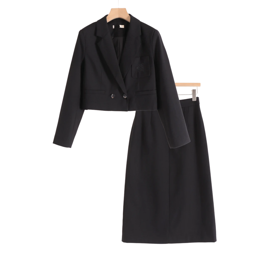 简约OL通勤上班族两粒扣刺绣短西装外套+高腰直筒长裙套装25秋装