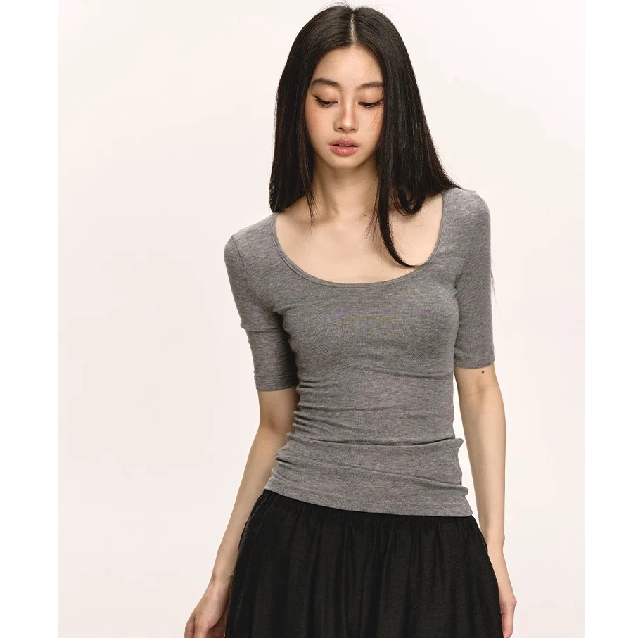 anna aneae天丝羊毛中袖短袖t恤女夏季设计感收腰短款白色u领上衣