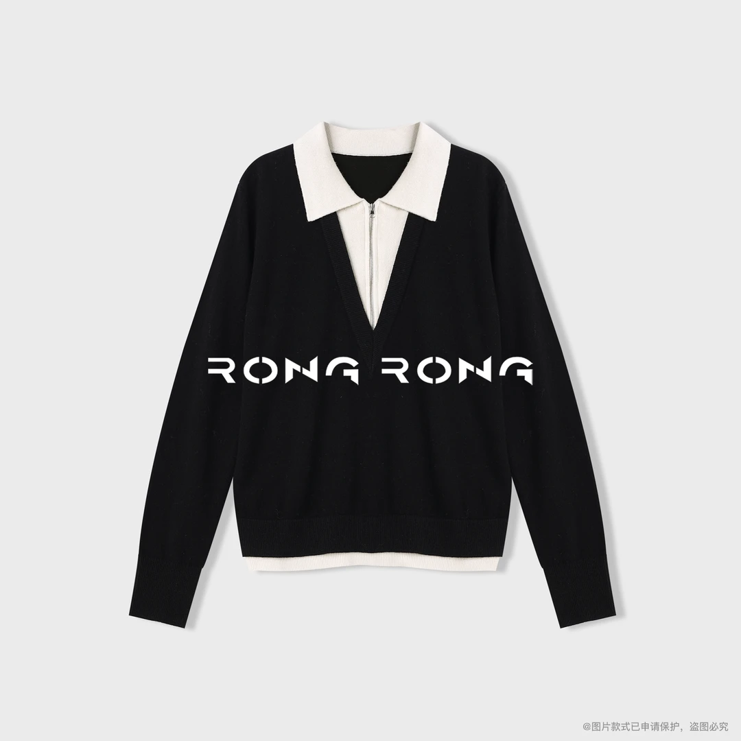 溶溶【云墨幻想】RONGRONG 100绵羊毛假两件拼撞色羊毛衫4C2051