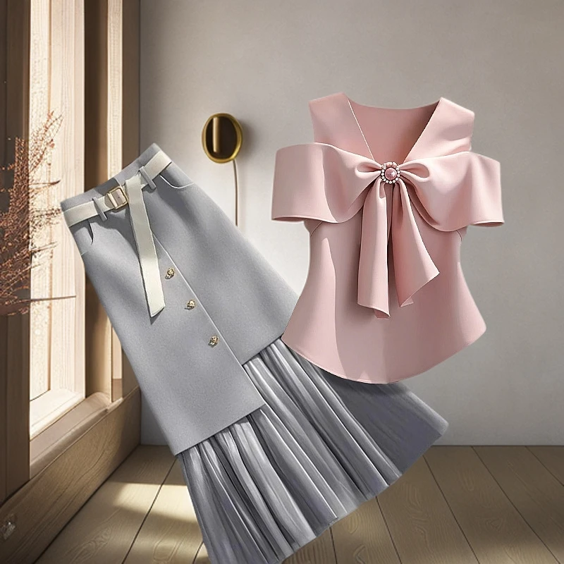 轻奢小众洋气粉色上衣露肩蝴蝶结v领衬衫拼接灰色半身裙两件套装