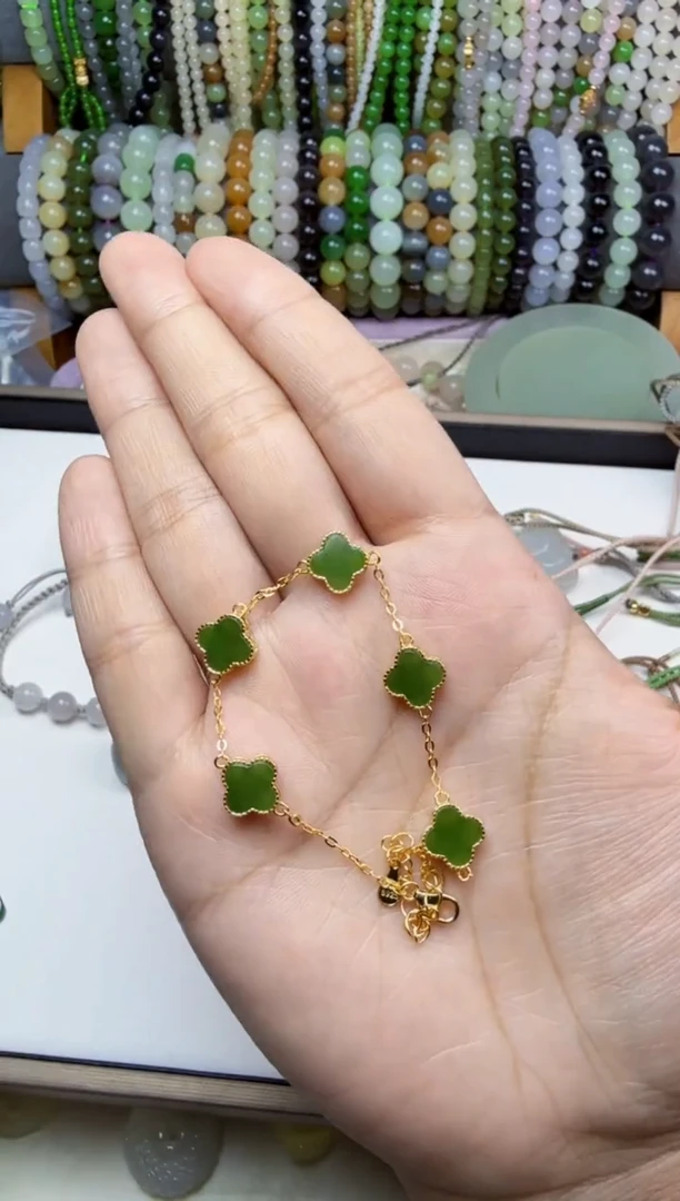 手链银S925镶嵌和田玉四叶草手链