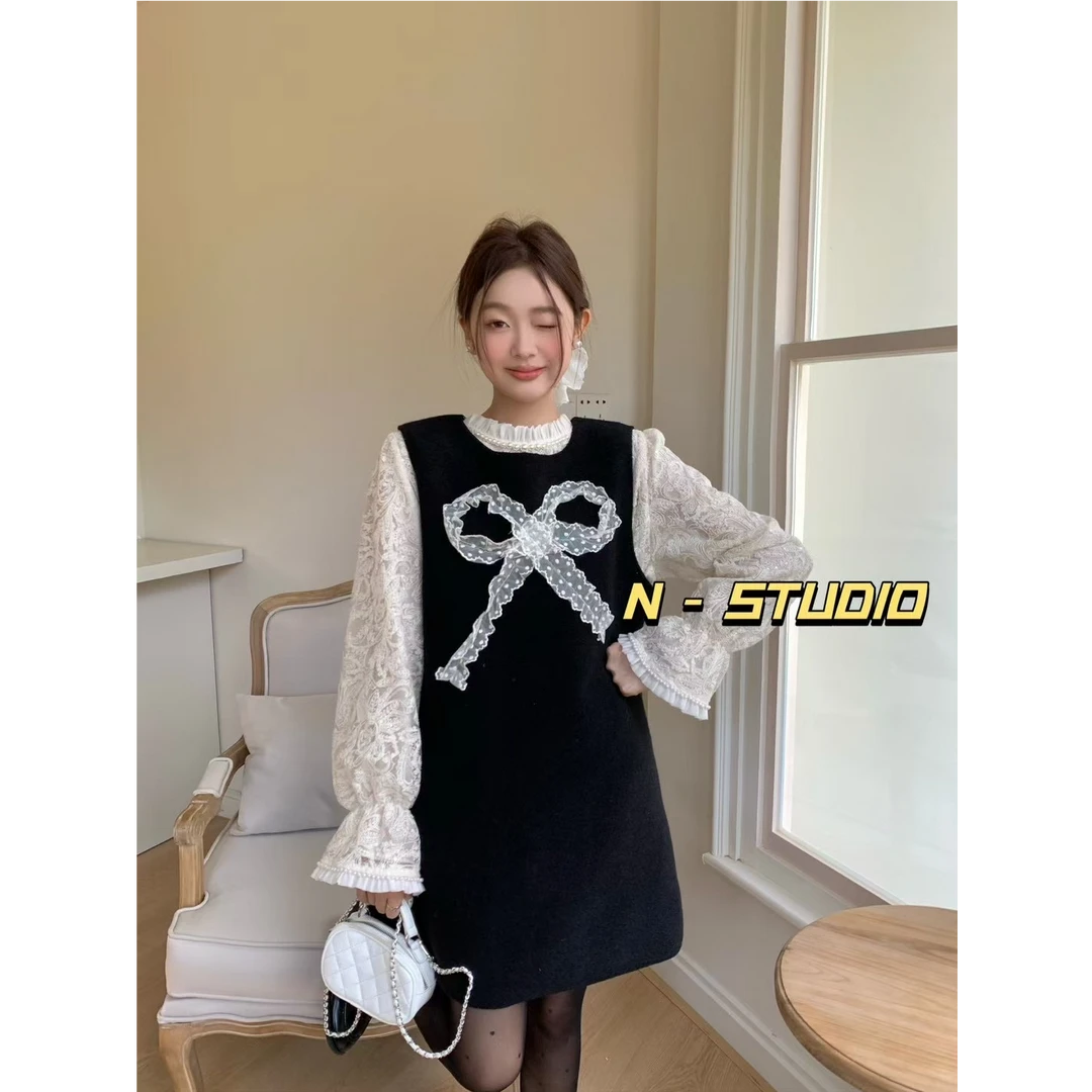 名媛气质小香风毛呢连衣裙女爆款拼接蕾丝蝴蝶结百搭简约打底裙子