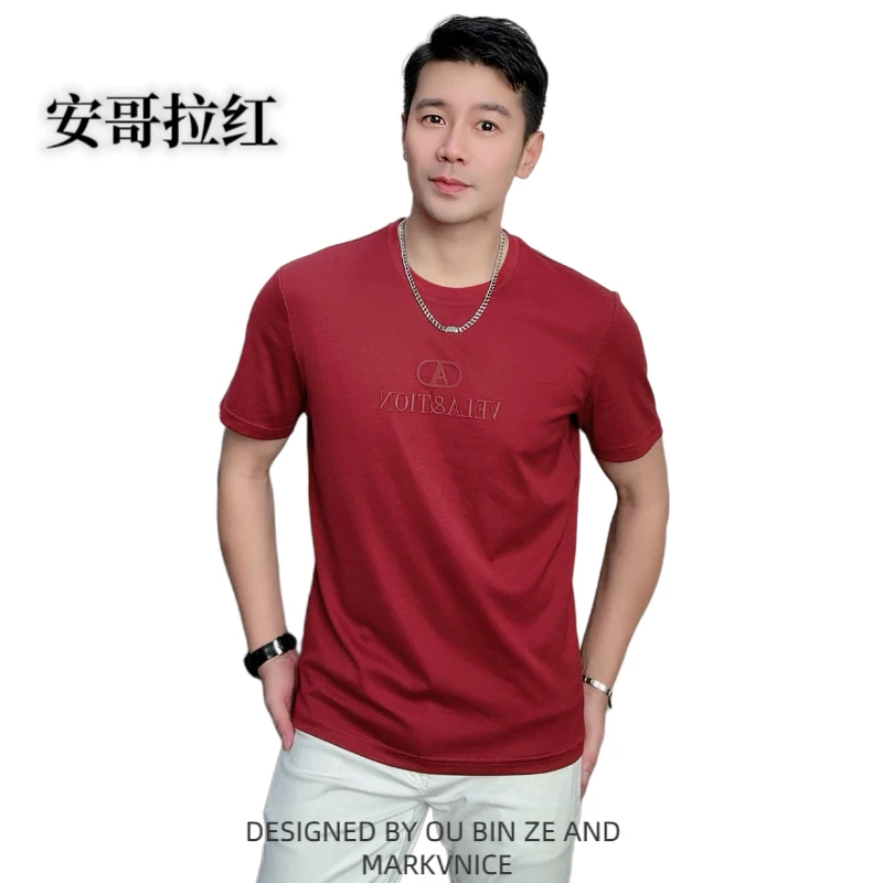 欧彬泽安哥拉红短袖液氨简约A先生无烫钻夏季男装圆领T恤8038B