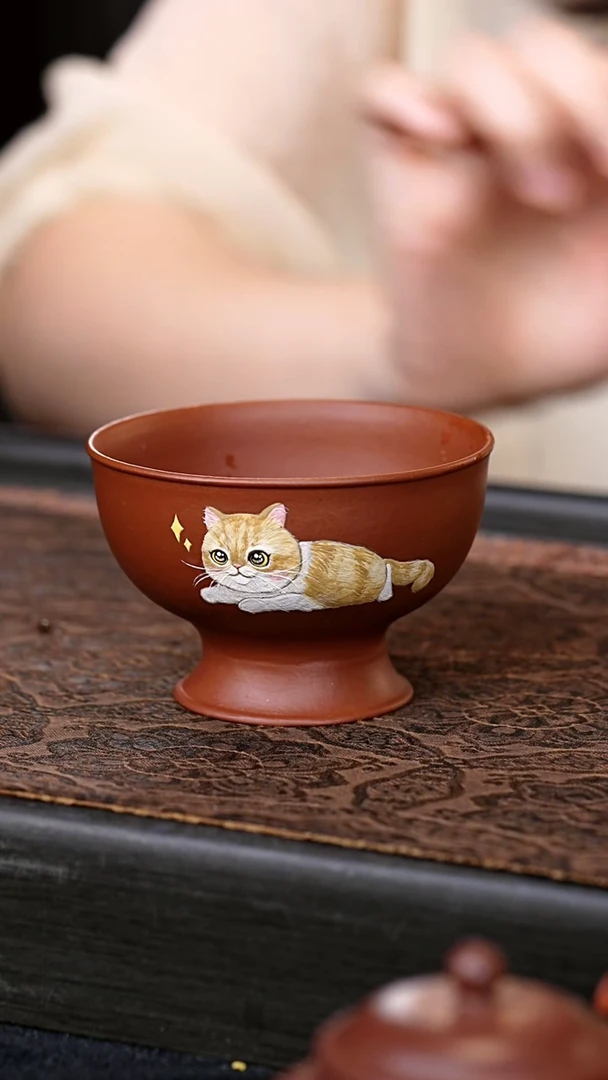 茶壶紫砂全手绘猫猫主人杯 一物见春