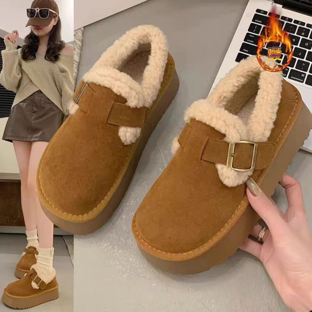 毛毛雪地靴女款冬季2024新款厚底一脚蹬低帮面包女鞋加绒勃肯鞋女