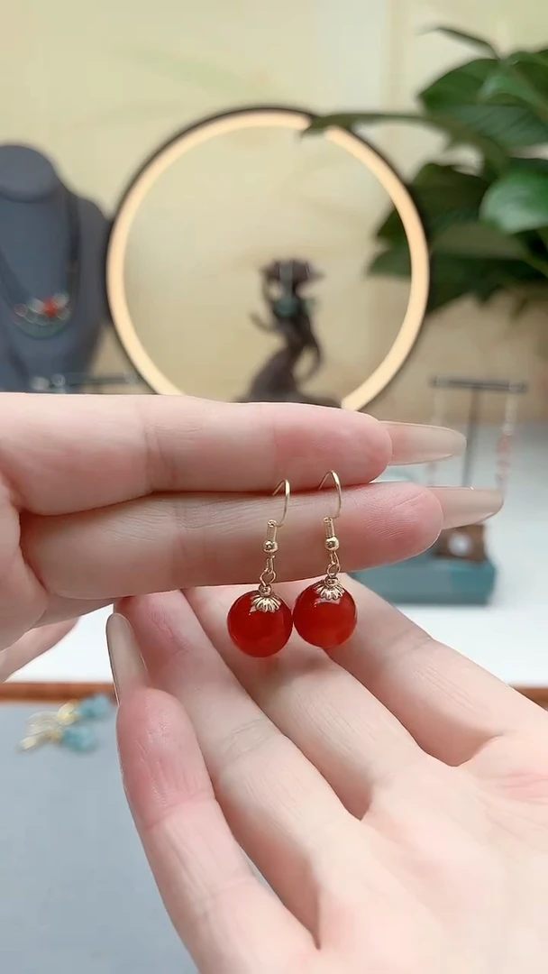 银S925镶嵌耳饰玛瑙/玉髓00红色单株12