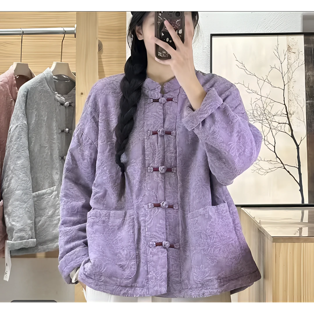 秋冬新品斜纹麻提花新中式手工绕线复古盘扣宽松加厚棉衣女中国风