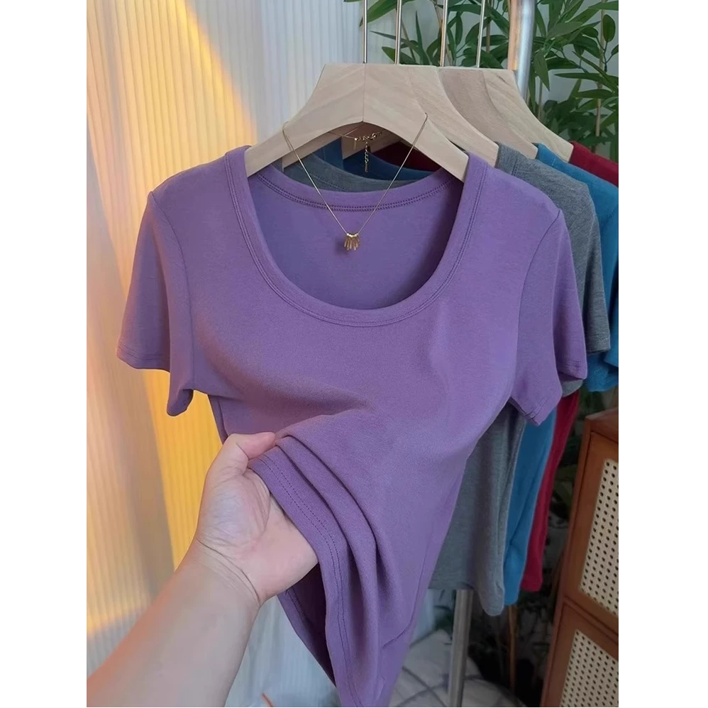 紫色方领正肩短袖T恤女士夏季新款时尚修身弹力简约百搭低领上衣