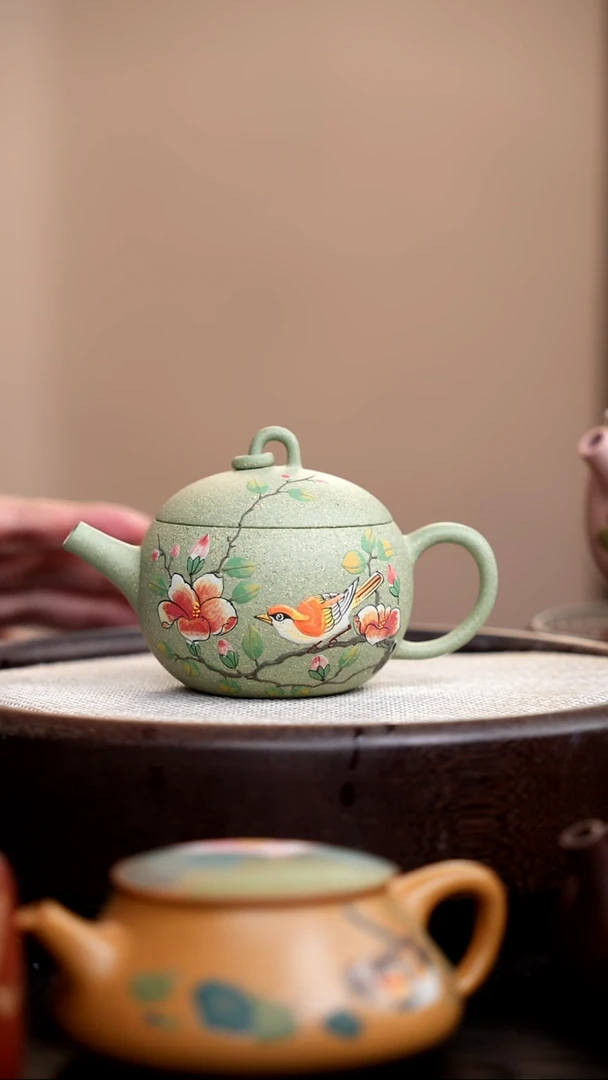 茶壶紫砂豆青砂单圈婉玉泥绘花鸟