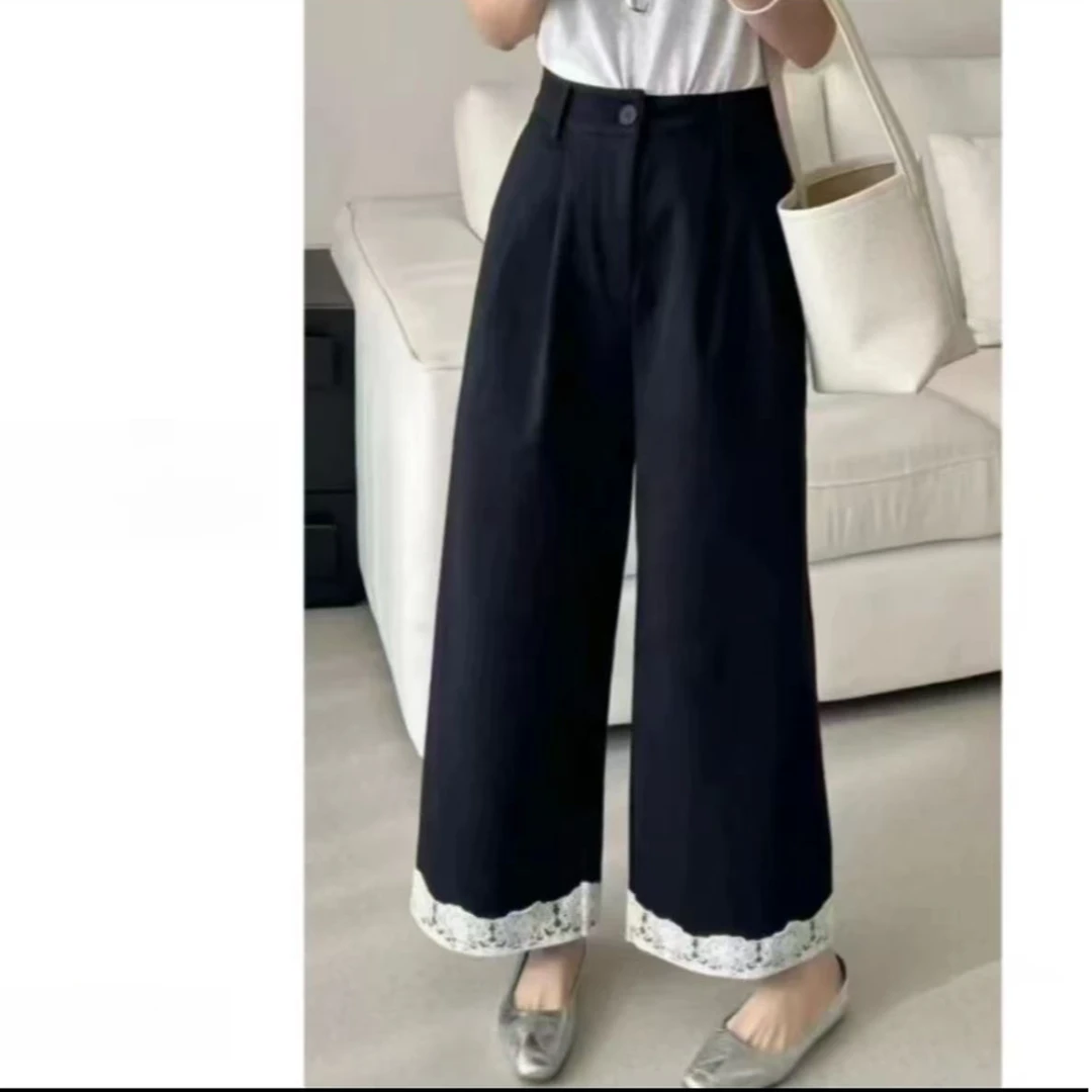 25099裤口花边春季爆款休闲显瘦宽松百搭蕾丝拼接九分阔腿裤