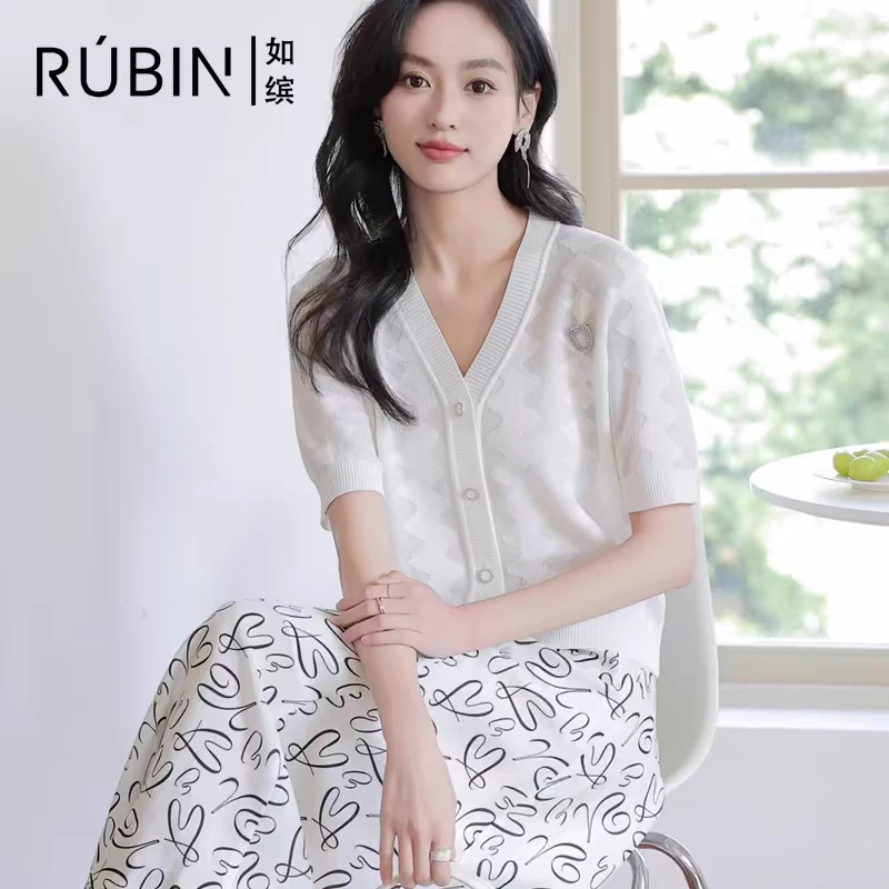 如缤RUBIN2024夏季款正品女装V领短袖印花针织衫宽松6L21M61250