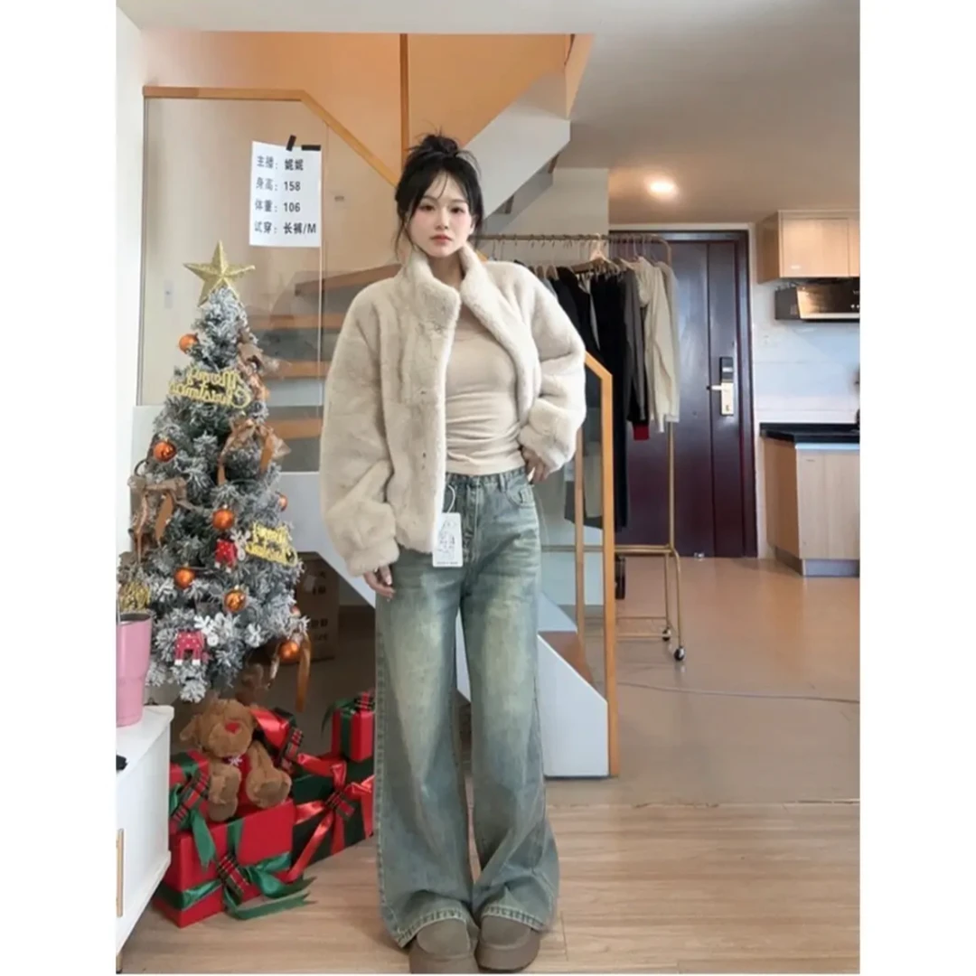 复古直筒牛仔裤女秋季新款大码女装胖mm梨形身材高腰宽松显瘦阔腿