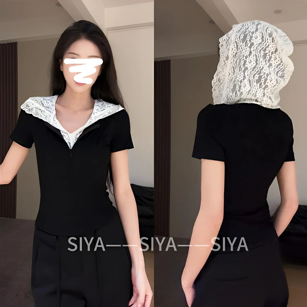 黑色拼接两件套洋气短袖打底衫假两件T恤上衣女夏季短袖时尚套装