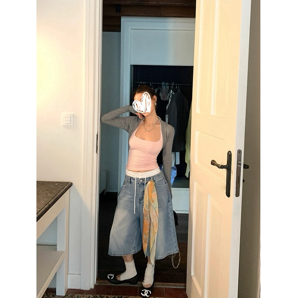 韩漫正妹/粉色性感吊带背心女秋+短款开衫坎肩两件套