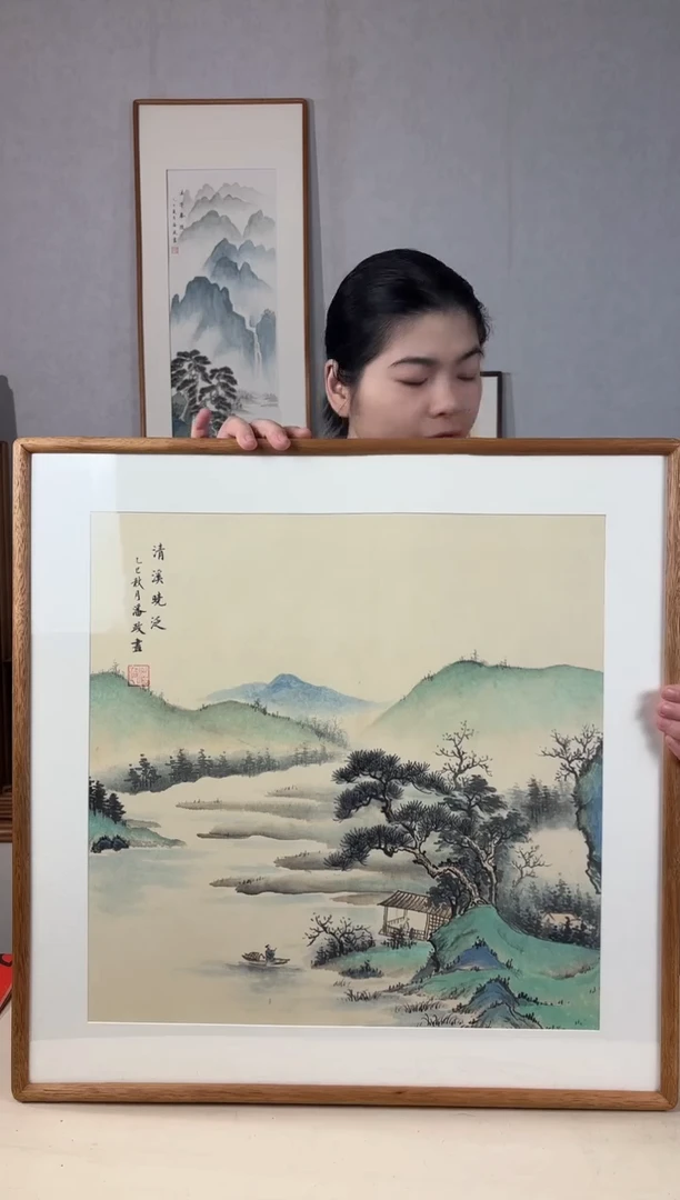 国画手绘*清溪晓泛*62*62cm实木框