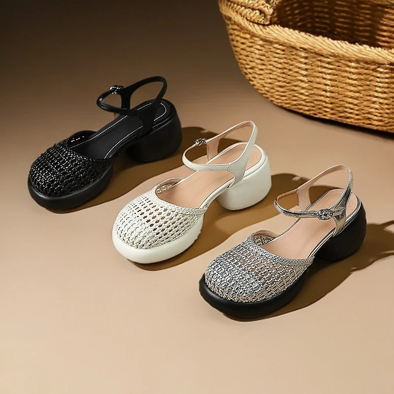 时装凉鞋2025年夏季韩版粗跟粗跟纯色时尚百搭复古编织玛丽珍镂空