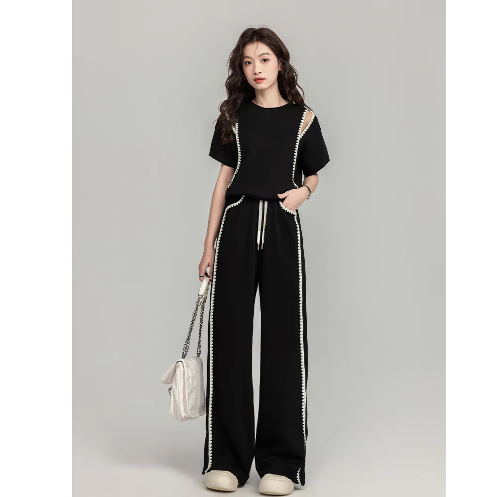 X1519时尚休闲套装女2025夏季新款短袖上衣+直筒裤两件套