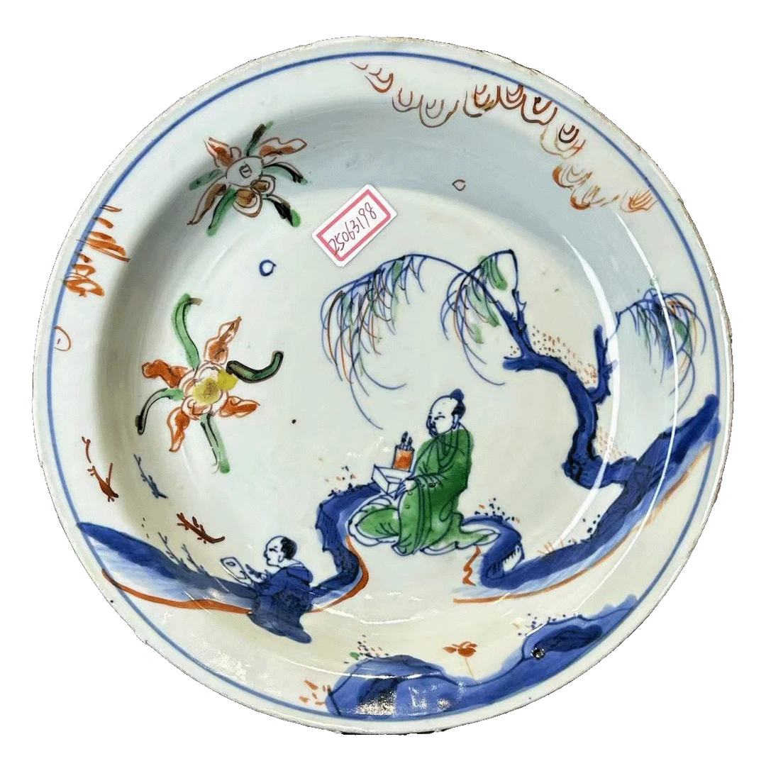 25063198x青花五彩人物故事图折腰盘