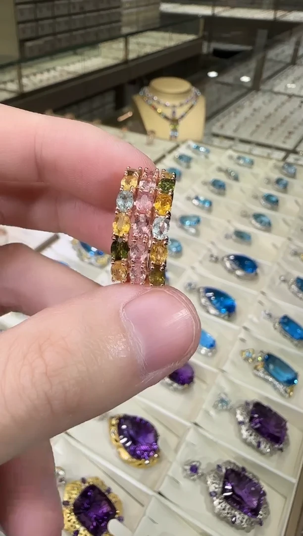 银S925镶嵌戒指碧玺排戒