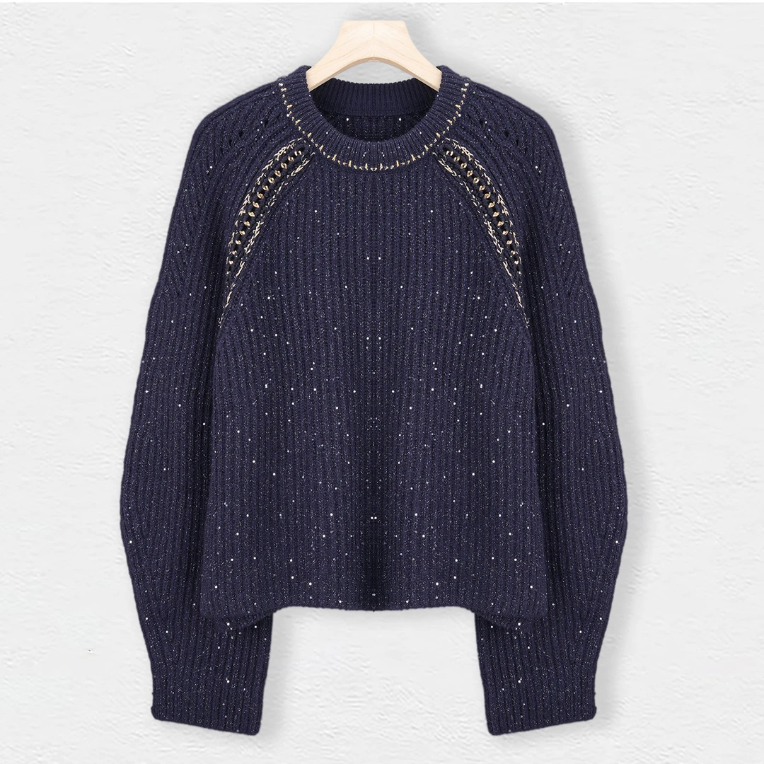 【法式慵懒风】高级感金丝纱复古针织宽松纯山羊绒加厚套衫 437301