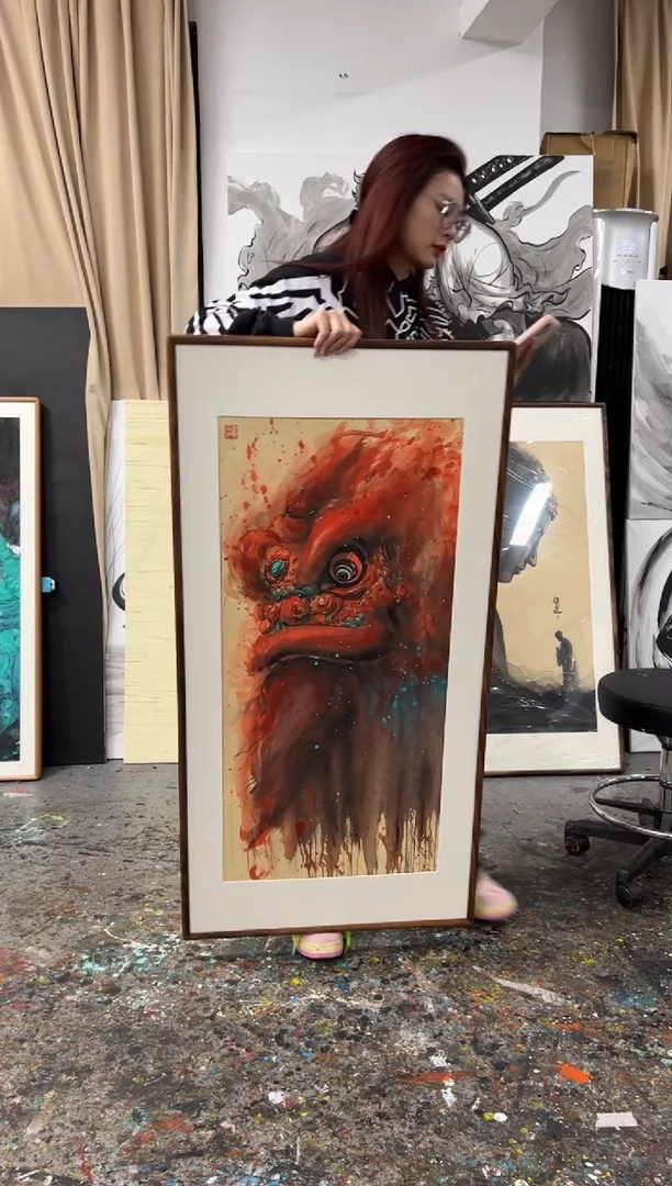 【闪购商品】丙烯画画江湖老师精装裱醒狮竖版