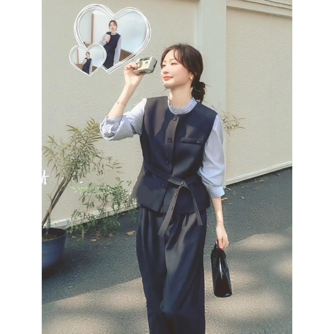 X169168-韩系松弛感套装女秋季时尚轻熟马甲木耳边衬衫阔腿裤三件