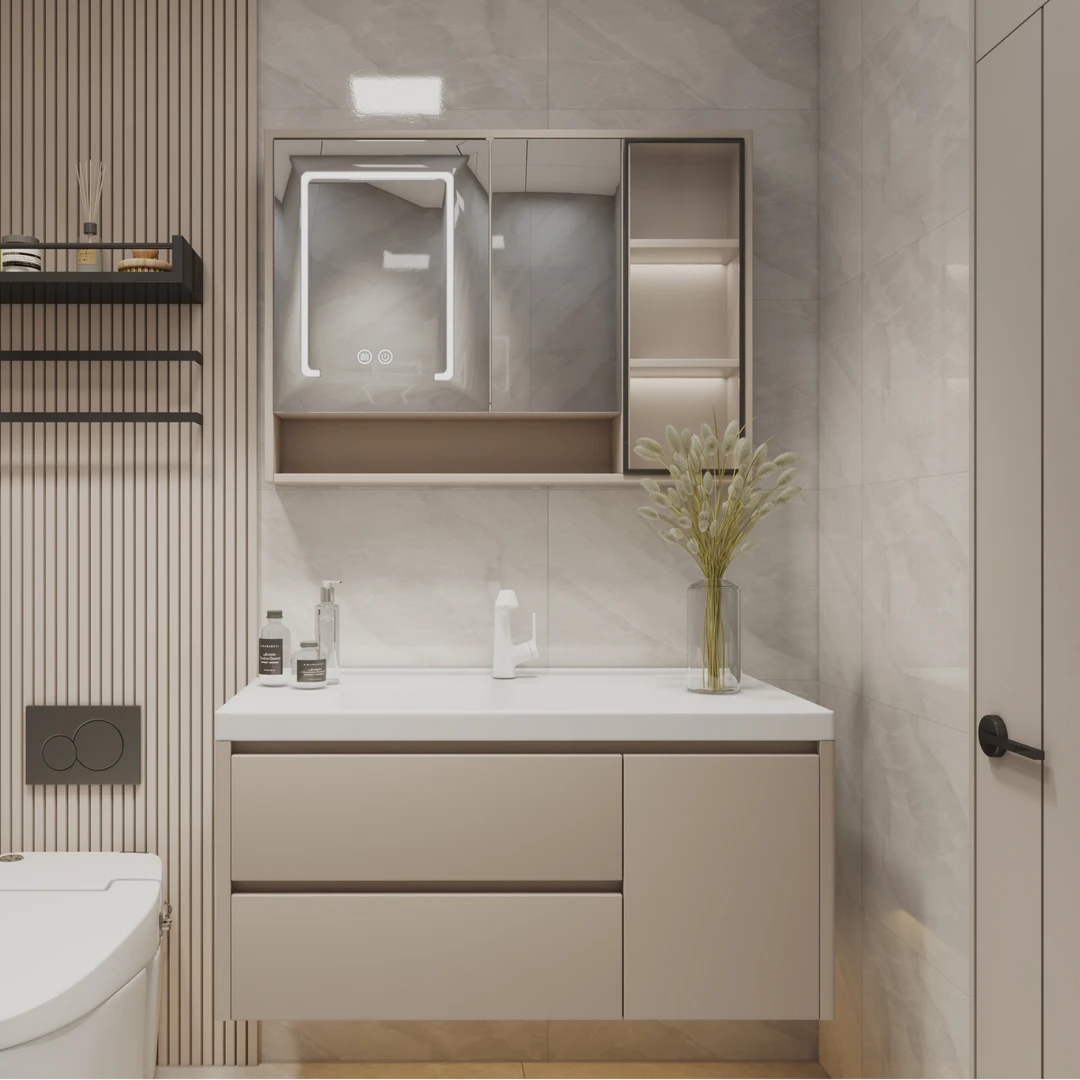 S8002时尚简约橡胶木烤漆工艺浴室柜组合陶瓷一体盆洗手台套装