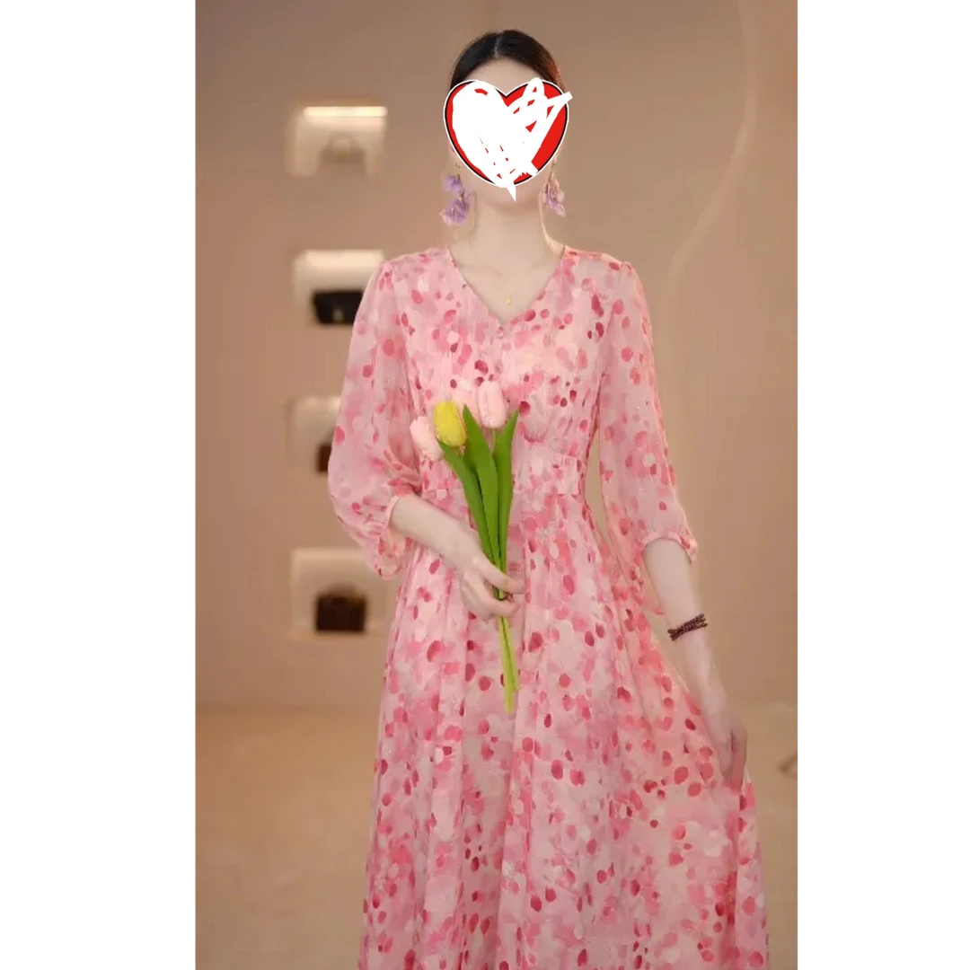 【粉红花瓣】度假风夏装收腰显瘦百搭温柔风连衣裙W63G