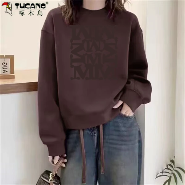 【啄木鳥】纯棉加绒加厚长袖t恤女冬季新款上衣时尚百搭减龄保暖