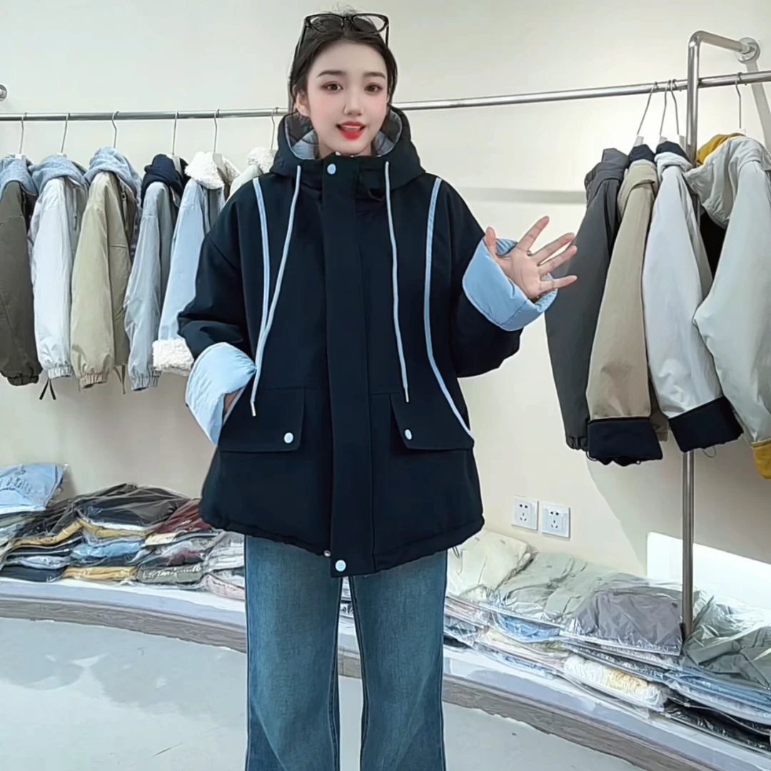 JDZ5069【加绒加厚】冬季新款拼色连帽棉服休闲宽松翻边加厚外套
