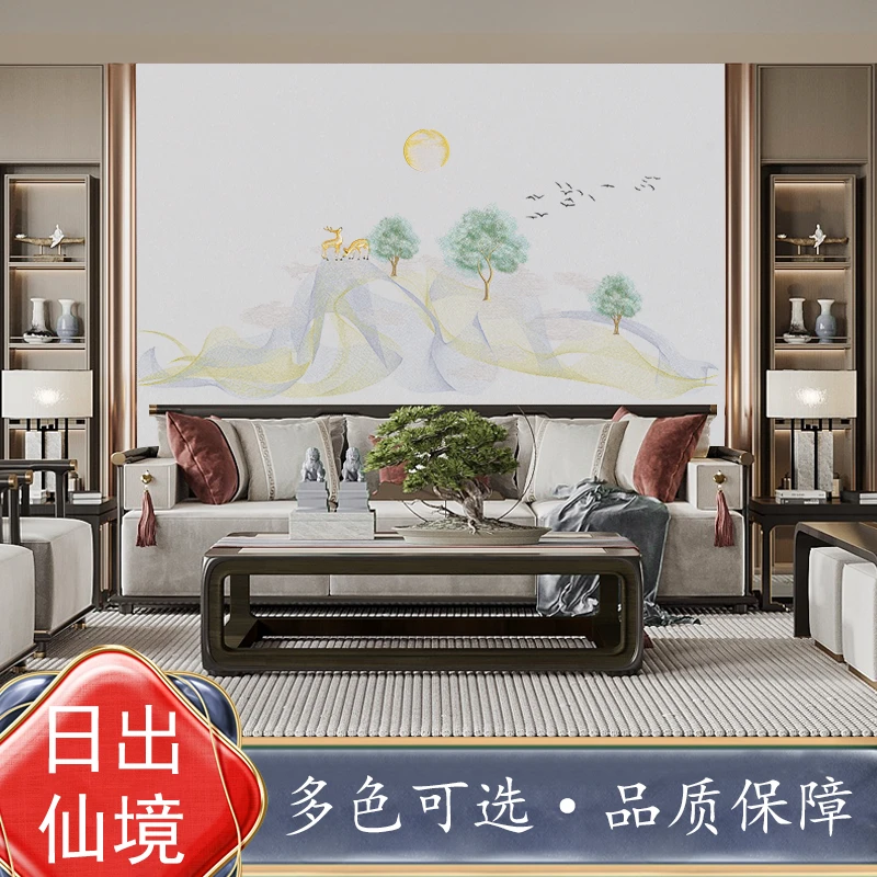 日出仙境A5高端新中式背景独绣墙布背景墙刺绣壁布电视背景墙装修