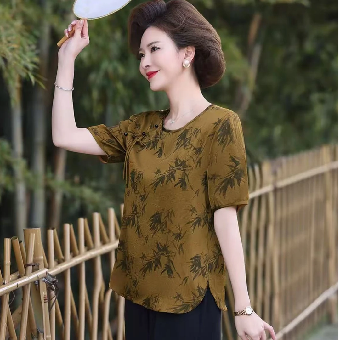 2012-中老年新款女士时尚国风竹叶印花上衣