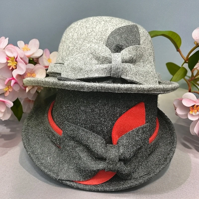 帽语®春秋冬 欧美英伦优雅复古蝴蝶结侧卷边毛呢礼帽HDMM00010