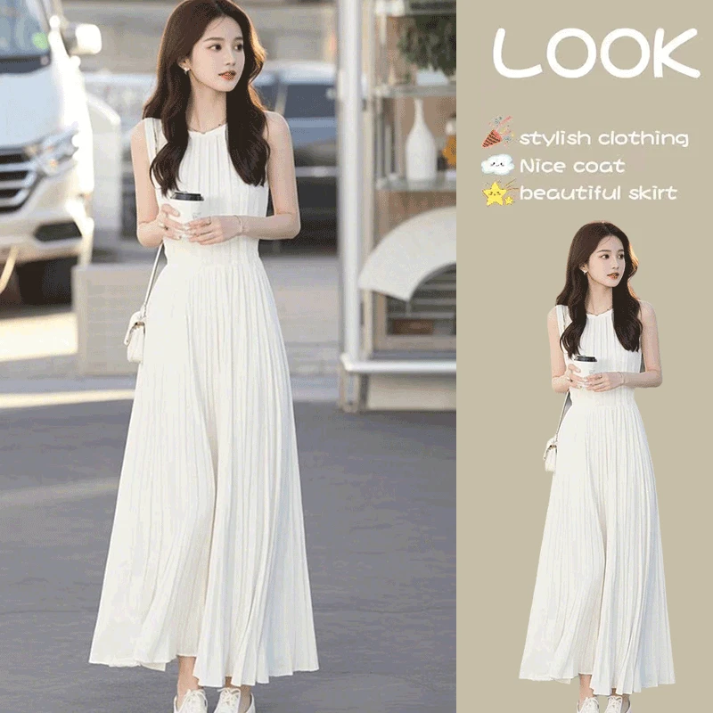 霖优白色无袖背心连衣裙女夏季2025新款精致高级感收腰气质裙子女