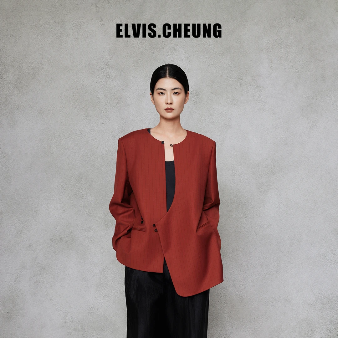 ELVIS.CHEUNG蒋云開運25AW云纱砖红曲襟圆领外套