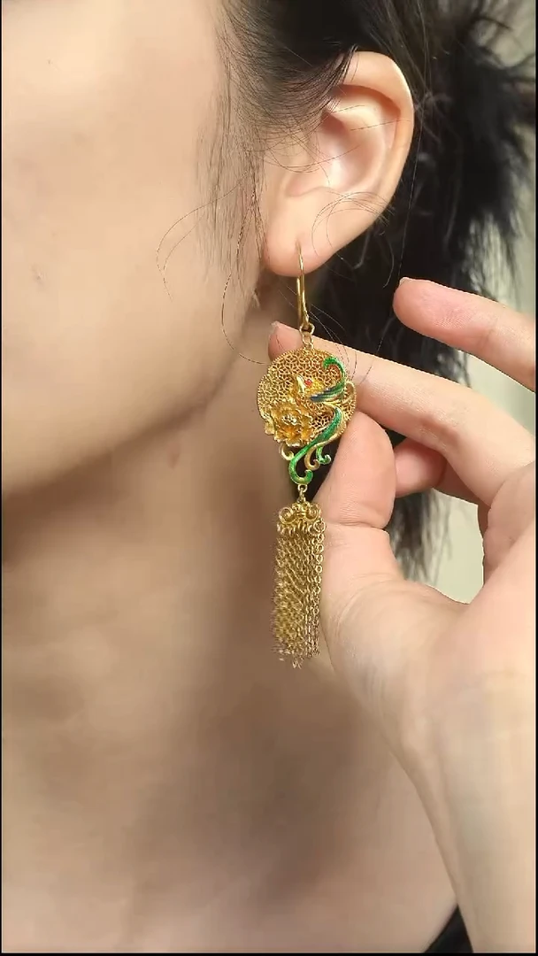 珐琅足银足银999花丝有凤来仪耳环宫廷民族风