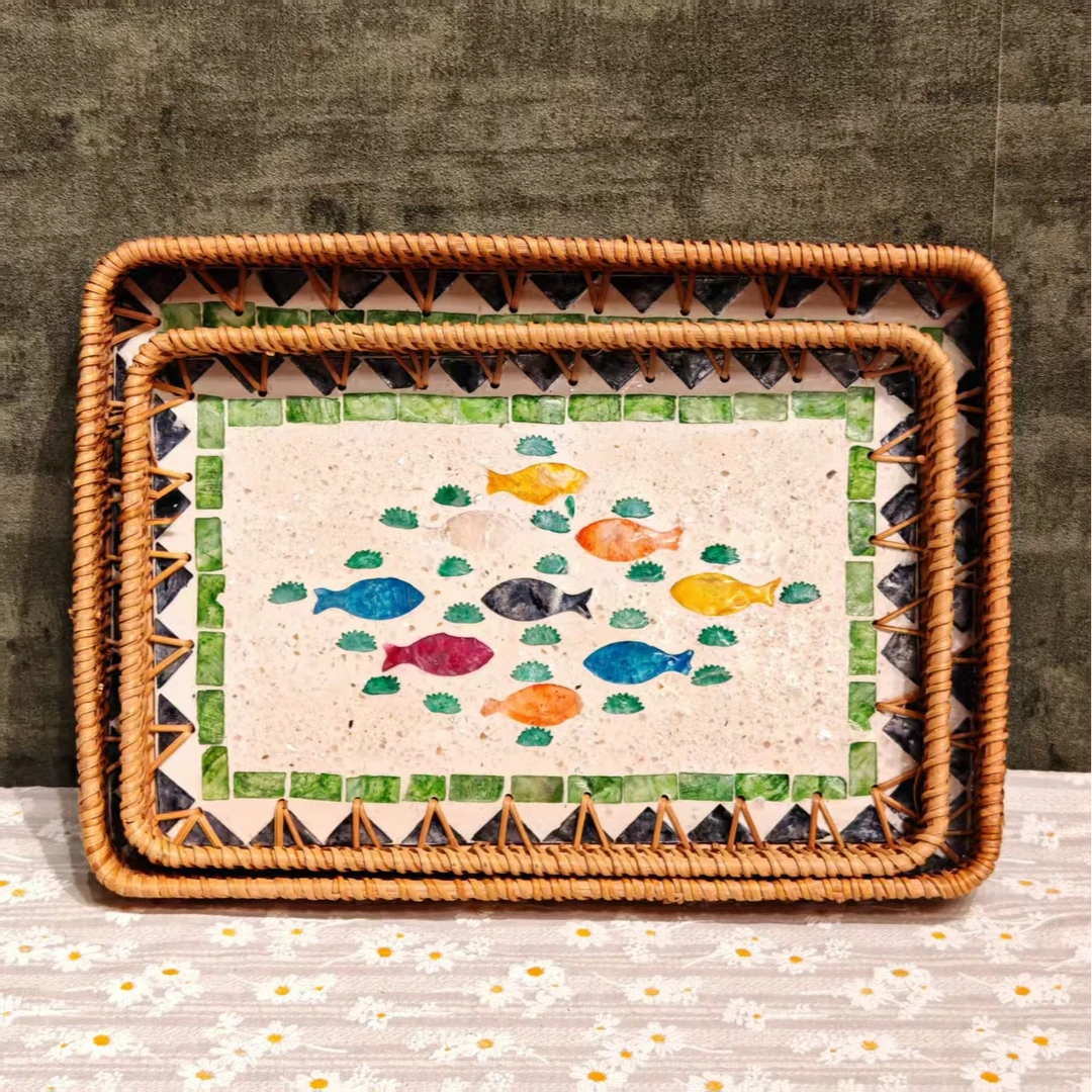 H越南33*23*4+30*20*3多彩鱼群贝壳盘桌面茶几收纳茶杯水杯托盘