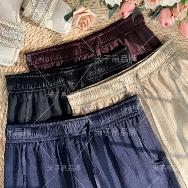夏季百分百醋酸2025新款长裤弯刀直筒裤松紧腰抽绳显瘦百搭女裤