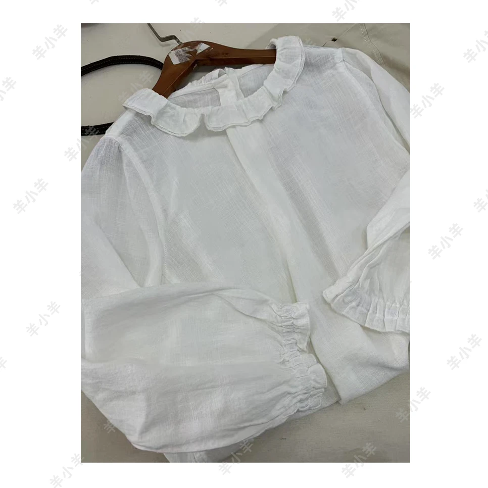 【羊小羊】171拾慕  春秋内搭棉麻花边领纯色衬衣休闲宽松简约衬衫