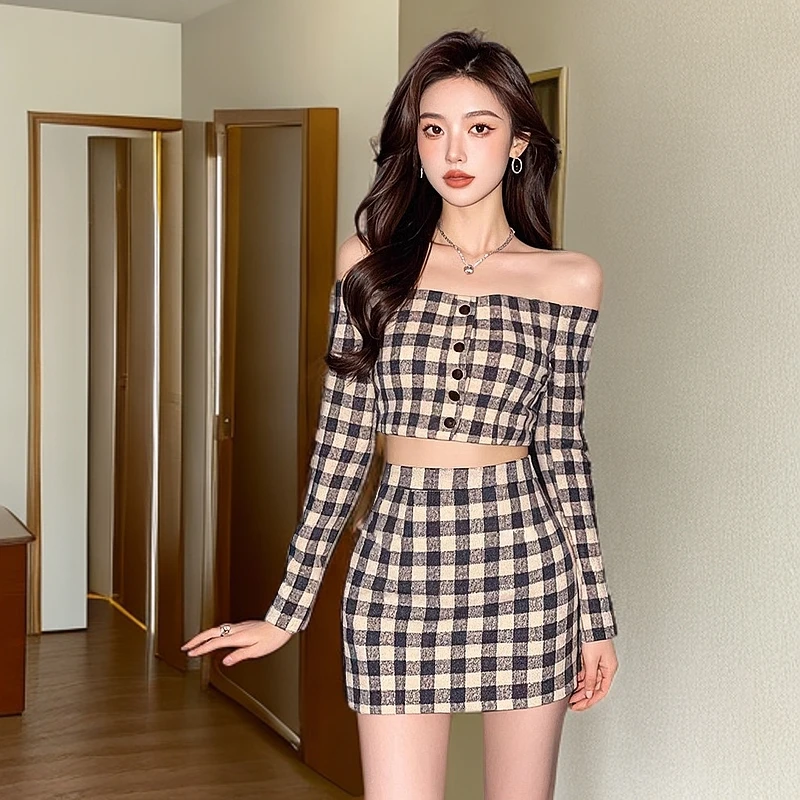 名媛气质小香风格子套装性感包臀裙一字肩上衣辣妹风格秋季新品聚