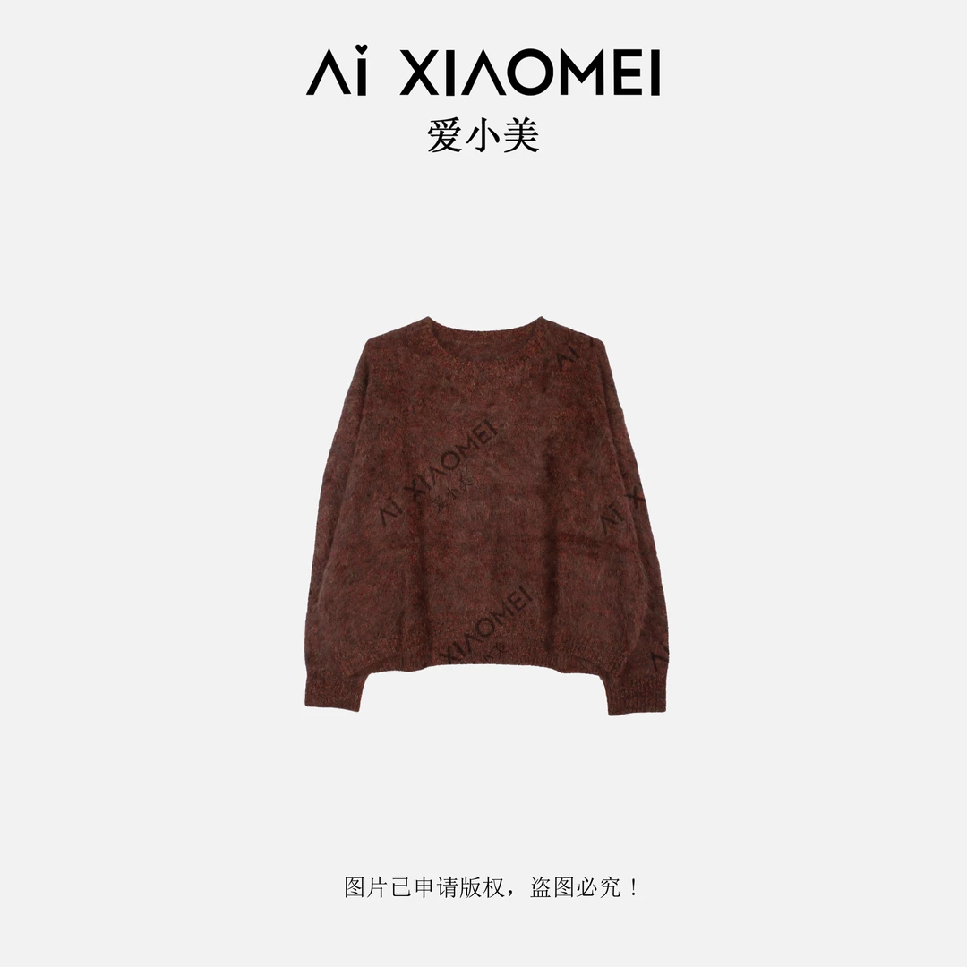 软糯慵懒宽松保暖圆领拉绒花纱100山羊绒针织毛衣YR08-1849