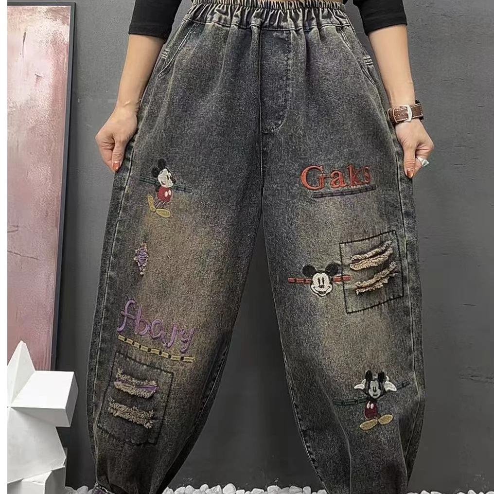 秋季新款宽松刺绣小米奇字母水洗牛仔裤休闲减龄显瘦哈伦裤女裤
