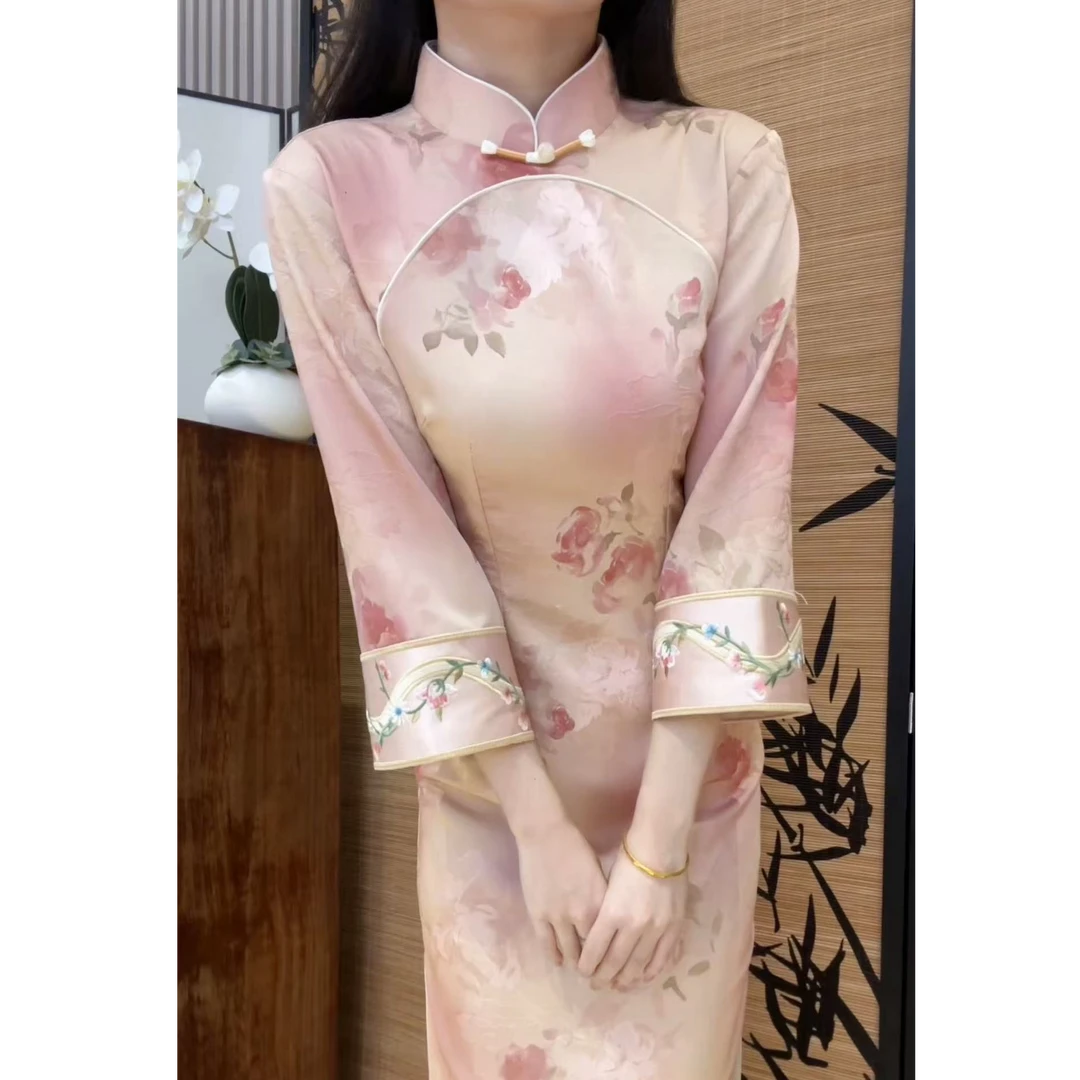（溪亭）长袖厚款斜襟提花单旗袍旗袍春夏日常双层气质