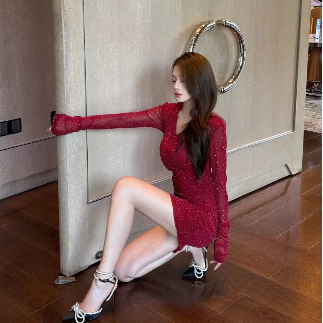 【袁小姐】雅典女郎 小香风V领烫钻长袖修身高腰显瘦连衣裙-SD340