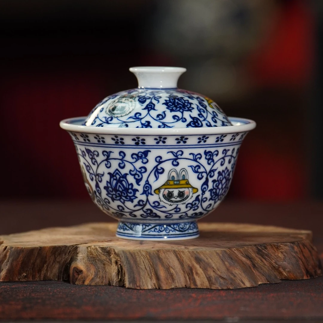 良朋柴窑   新品青花缠枝莲labubu盖碗