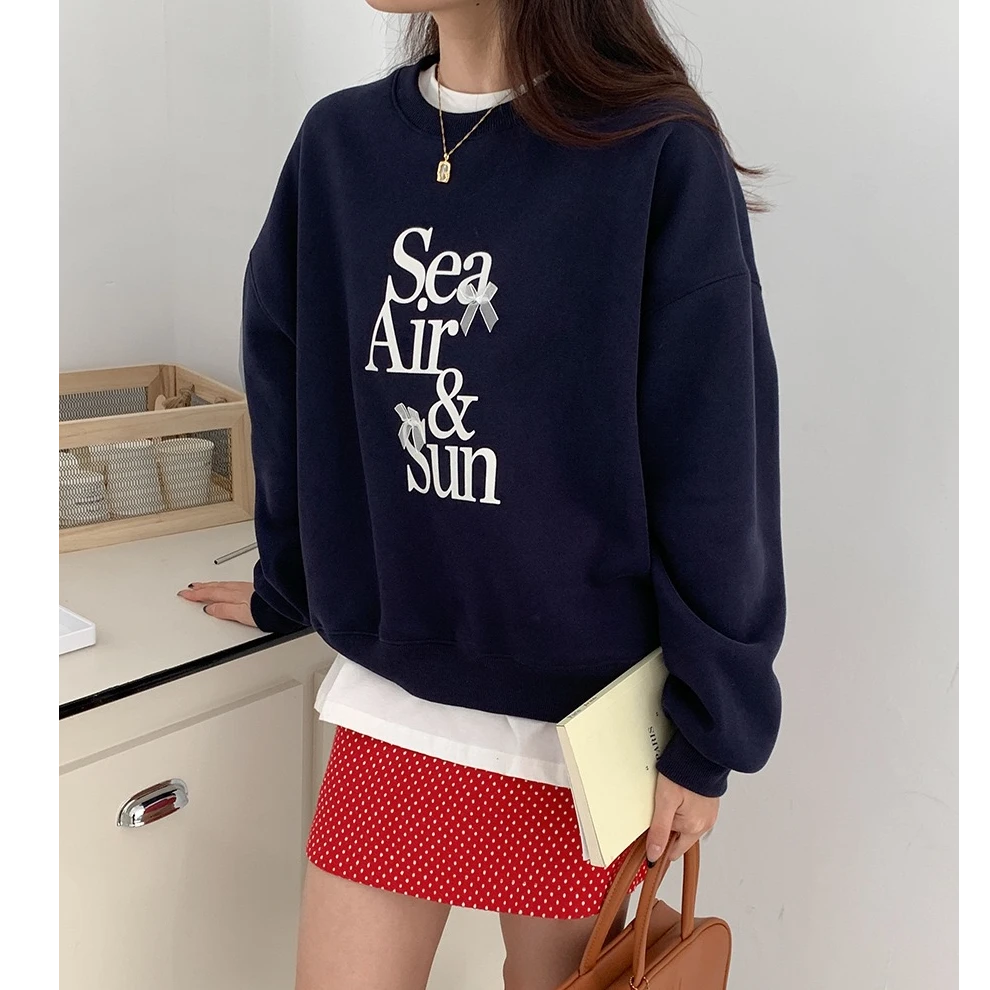 秋冬美式字母印花蝴蝶结套头卫衣韩版休闲百搭简约圆领卫衣女