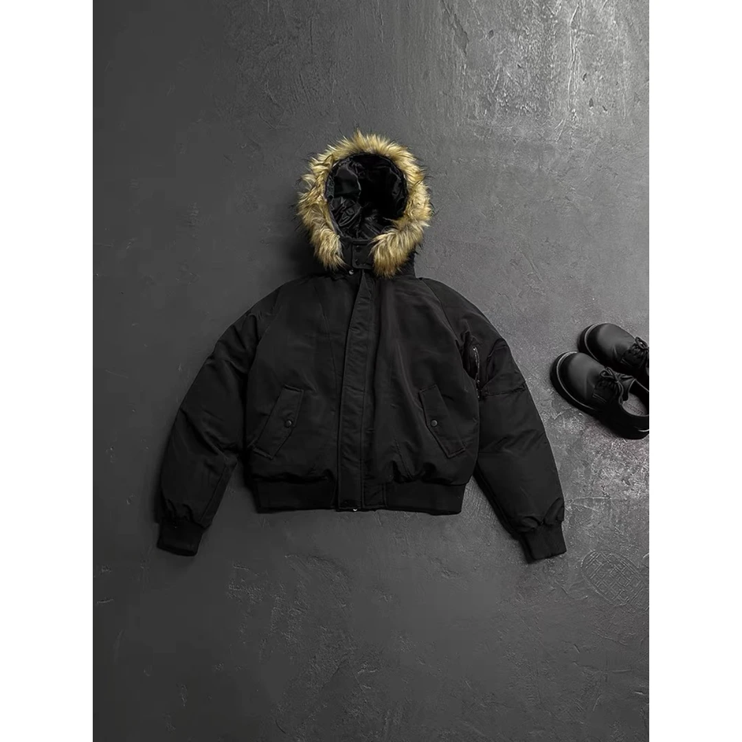 JH冬季黑色连帽派克服短款棉衣