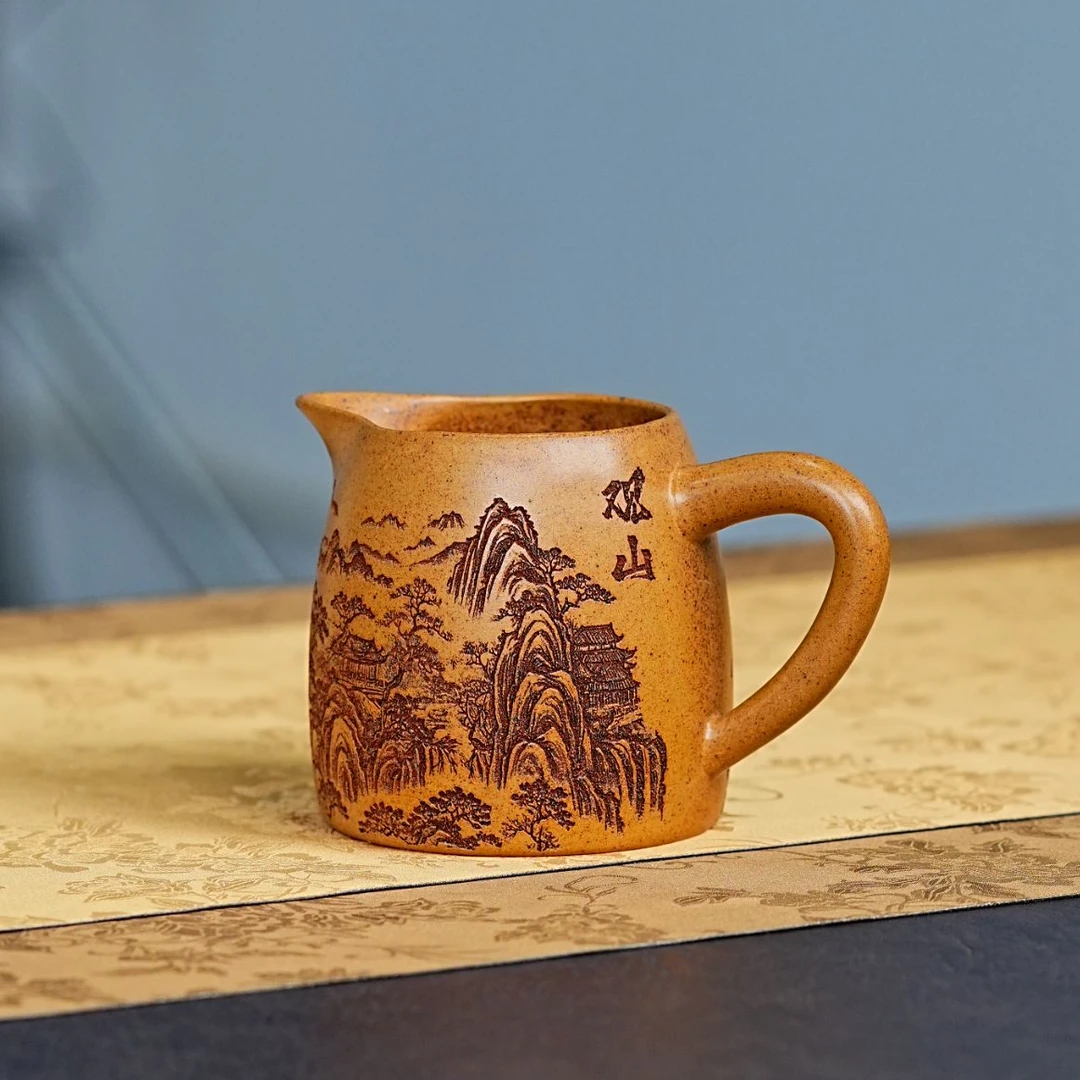 宜兴原矿紫砂段泥观山刻绘公道杯茶具茶杯 134