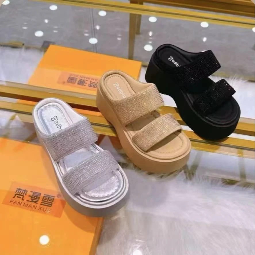 【WJ】水钻满钻凉拖鞋女外穿2025年新款夏季时尚厚底增高舒适一字拖