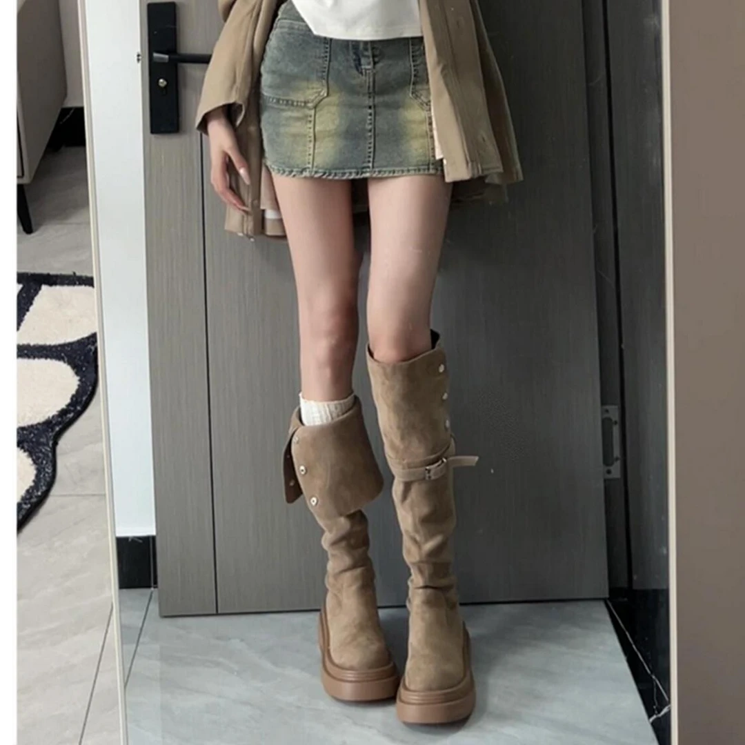 厚底长筒靴女2025新款秋冬季不过膝绒面长靴女款显瘦高筒骑士靴子